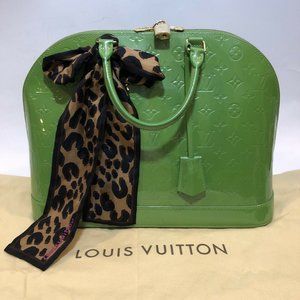 Louis Vuitton Alma GM Handbag Green Patent Leather Vernis + Silk Leopard Bandeau